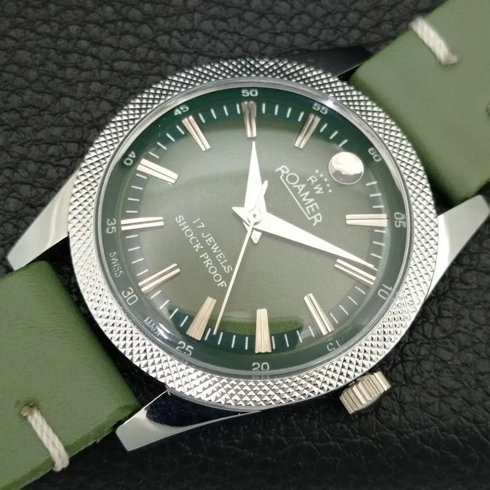 Vintage 1980 Roamer Manual Mens Silver Watch W/Leather Strap & Green accents